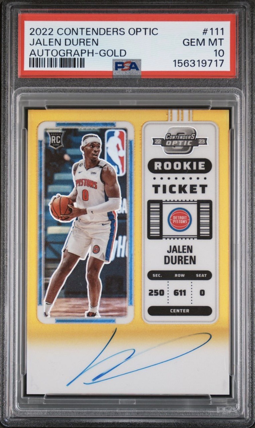 PSA 10 Panini Contenders Optic Jalen Duren Rookie Gold Prizm #111 Auto 2/10
