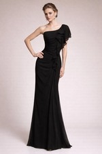 Mori Lee 646 Black One-Shoulder Chiffon Evening Gown Sz 12 NWOT Formal Prom Gala