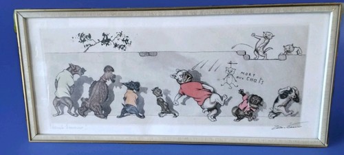 Vintage Art Print Dirty Dogs of Paris "Eternal Enemies" Framed Pissers 21x9" Pup