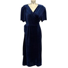 Womens Blue Ribbed Velvet V-Neck Wrap Midi Dress Size 2XL Short Sleeve Formal