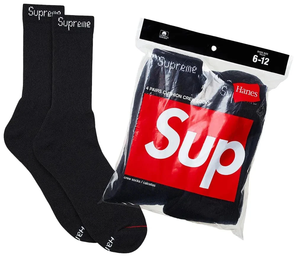 Supreme Hanes Crew Socks - Black 4 Pack, Size 6-12