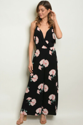 chinese dress ladies Black Floral Maxi Romper with Strappy Back