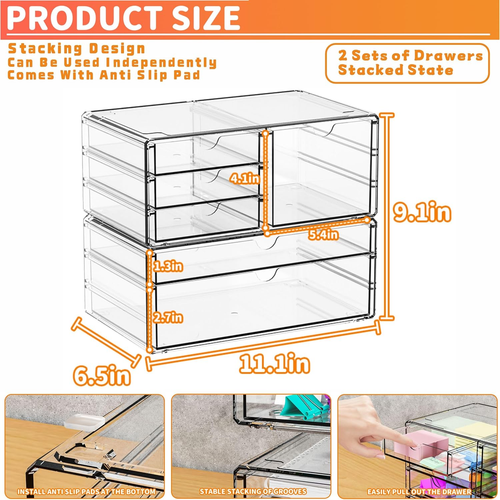 Yieach 2 Pack Acrylic Drawer Organizer With 6 Drawers,Stackable 11.1” Large Clea - Picture 3 of 6