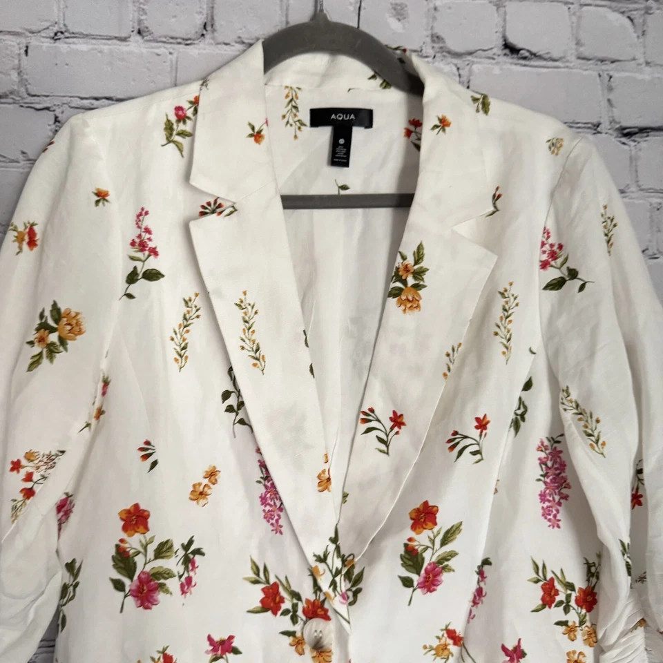 Blazer Mujer Aqua Blanco Estampado Floral Acanalado Manga 3/4 Forrado M Botón Frontal Foto 4 de 4