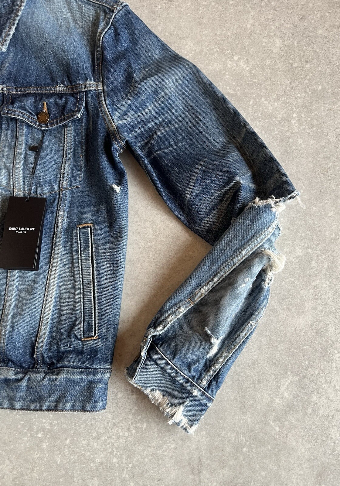 Giacca di jeans Saint Laurent California blu invecchiato taglia small prezzo consigliato £ 725