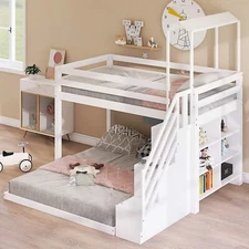 Twin Over Full House Bunk Bed w/ Staircase & Storage Bookshelves Wood Bed Frames