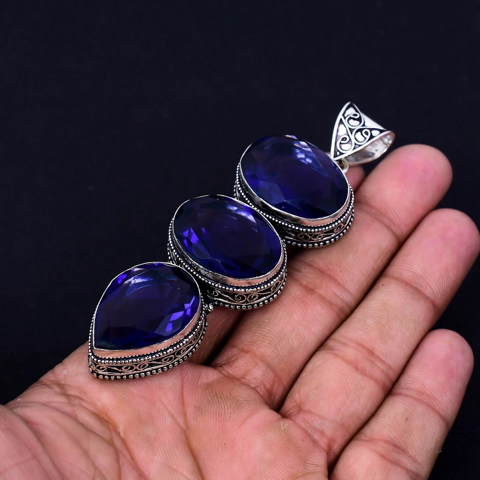 Zaffiro Blu Gemma Fatto a Mano 925 Pendente Argento Sterling Per Love Regali - Immagine 3 di 4