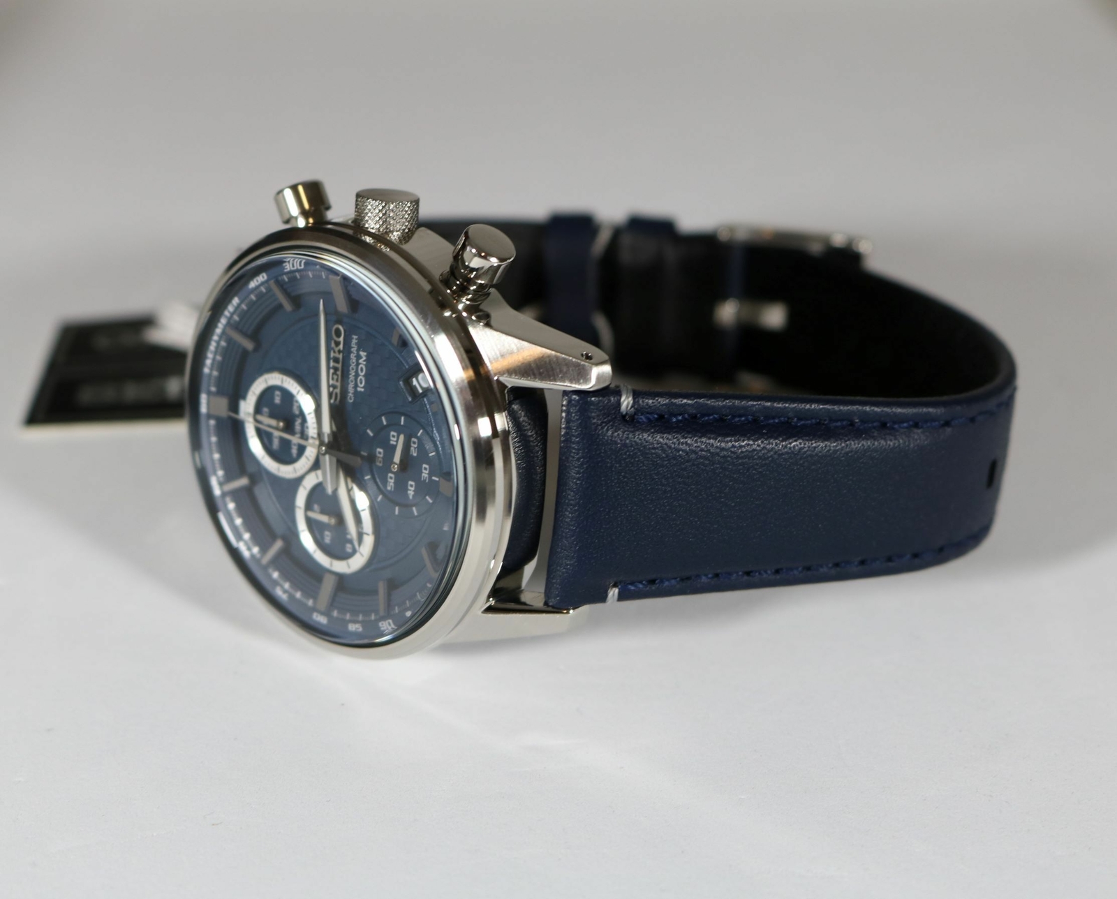 Seiko Chronograph Navy Blue Date Leather - tiendamia.com