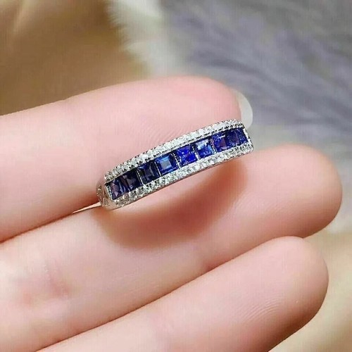 Half Eternity Wedding Ring 14KWhite Gold Plated2Ct Princess Lab-Created Sapphire - Picture 3 of 5
