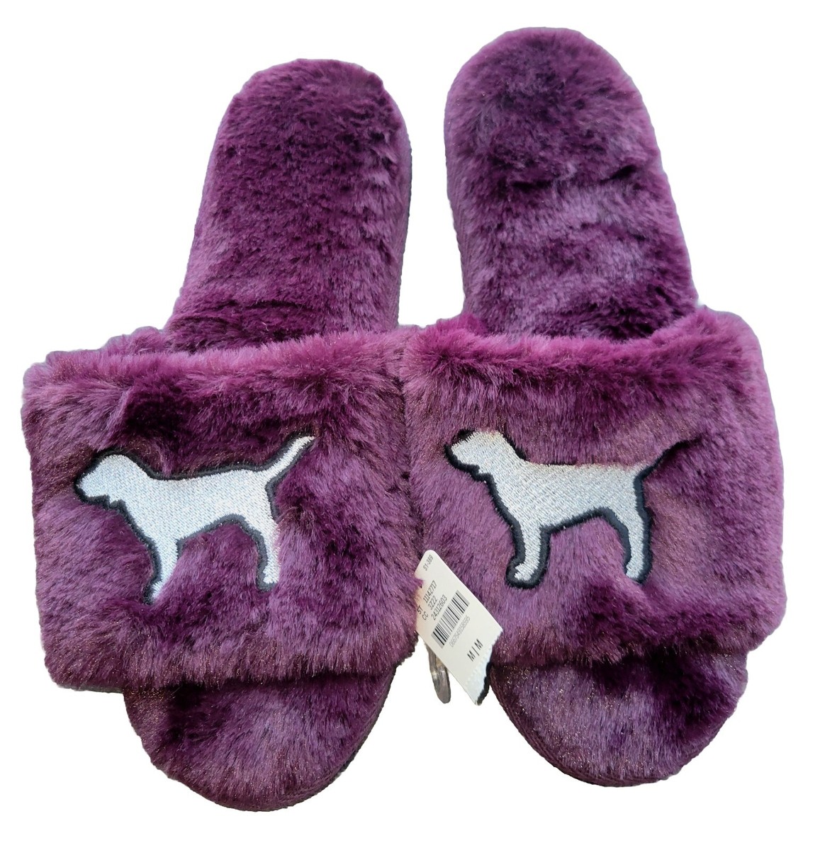 VICTORIAS SECRET PINK FAUX FUR Embroidered DOG Logo SLIPPERS NWT M  