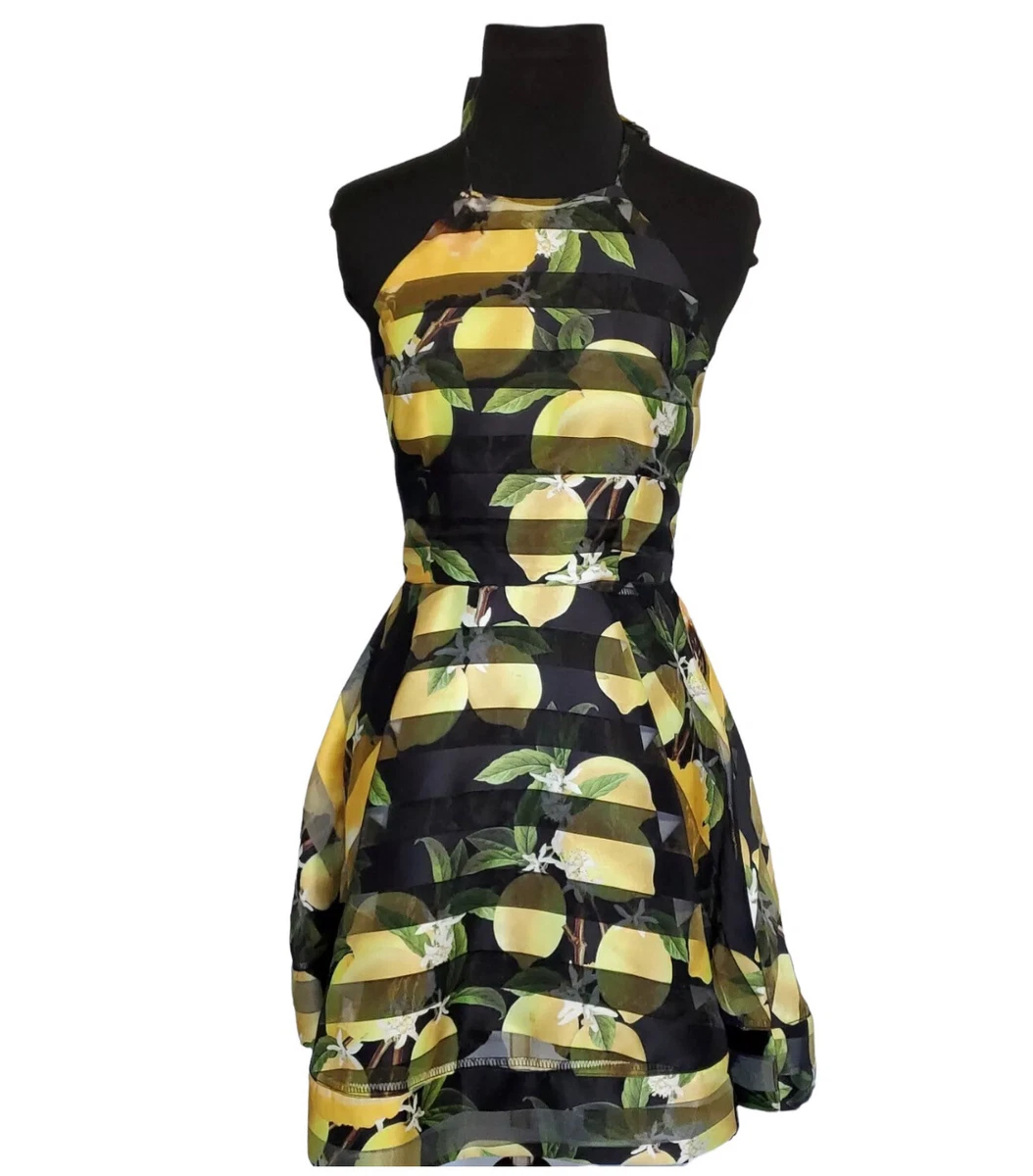 Love Couture Dress Black Halter Taffeta Yellow Lemons Party