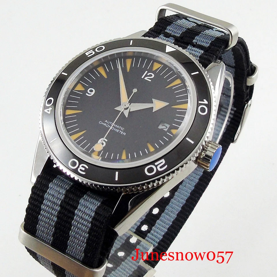 41 mm esfera estéril bisel de cerámica automático reloj para hombres fecha correa de nailon Foto 3 de 4