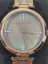 Liz Claiborne Crystal Accent Pearlized Brown Dial Round Case Link Bracelet Watch
