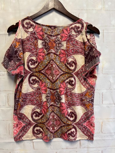 INC International Concepts Blouse Womens S Multicolor Paisley V-Neck Rhinestones - Picture 3 of 10