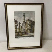 Ernst Geissendörfer Original Etching Georgsbrunnen mit Rathaus 14.5”x11.5”Framed