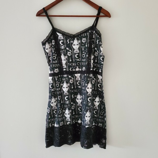 Rat Baby L I Hate Everything Black Goth/Emo Mini Slip Dress Pentagon Lace Trim