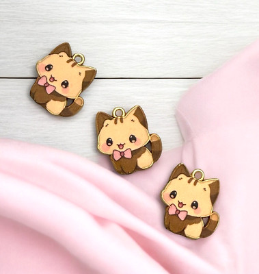 10 Cat Charms Brown Pink Bow Color Enamel Pendants 21mm Gold Cute Jewelry Drops