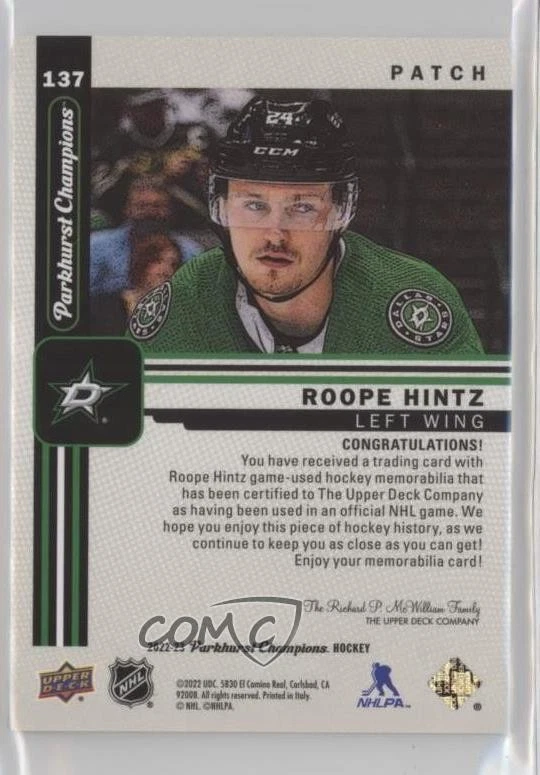 2022-23 Upper Deck Parkhurst Champions Patch /25 Roope Hintz #137 Patch - Image 2 of 2