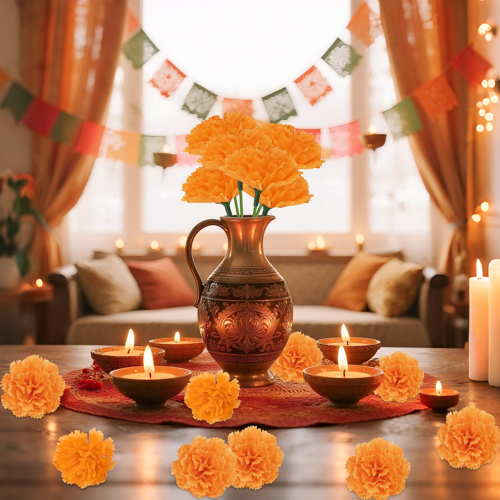 80 Pcs Artificial Marigold Flowers,2 Silk Marigold Flower Heads with Stems,Or...