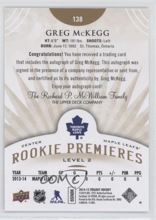 2014 Upper Deck Trilogy Level 2 Premieres /399 Greg McKegg #138 Rookie Auto RC - Image 2 of 2