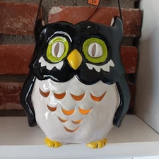 NEW Blue Sky Ceramic Black Owl Lantern Candle Holder W/Handle Halloween 8"