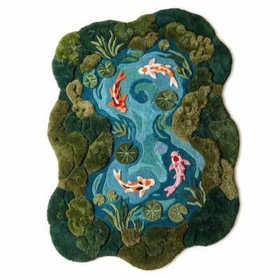 Irregular 3D Pond Rug, Hand Tufted Wool Carpet, Biophilic Zen Area Decor, Green