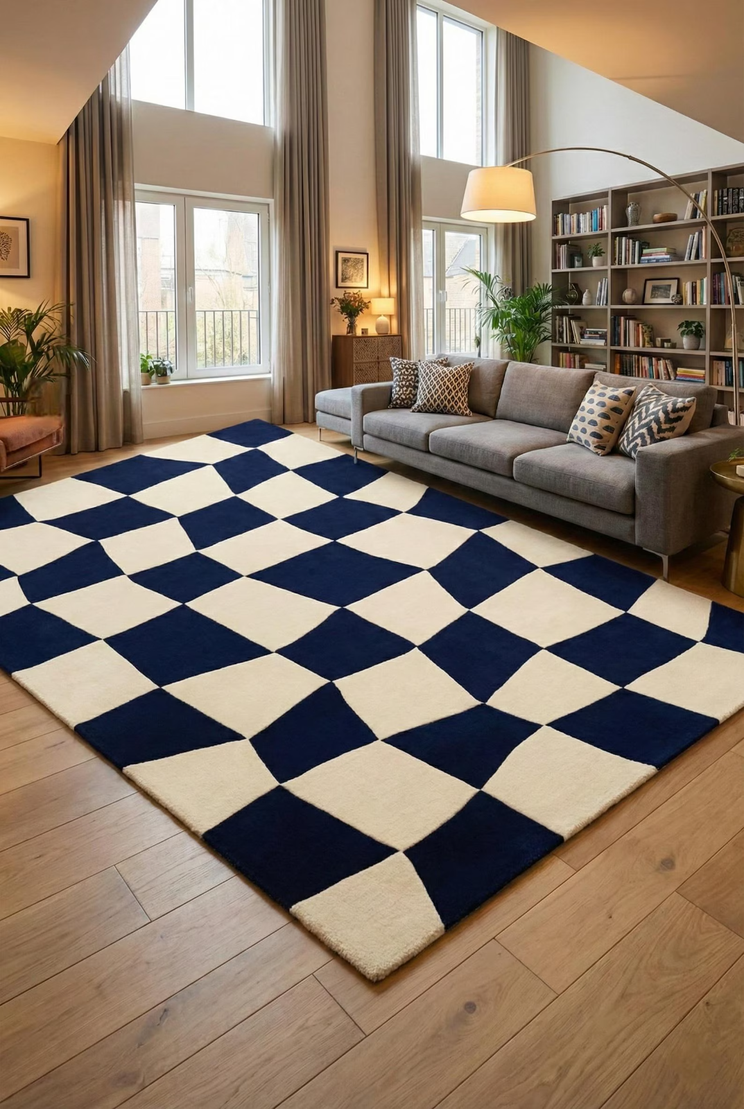 Hand Tufted Blue & White Checkered Rug 10x14 ft | Modern Geometric Area Rug