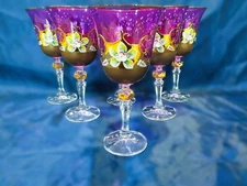 Czech bohemia crystal purp glass Wine glasses 17cm decorated gold and enamel 6pc