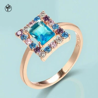 Ring WseSto M132 585 vergoldet Viereck Blau Lila Zirkonia Kristall Quadrat - Bild 1 von 4