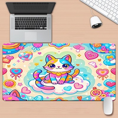 40*90cm1pc XXL Large Cat Love Art Gaming Desk Mat - Cute Kitten & Pastel Rainbow