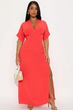 Fashion Nova Maxi Dress 1x Coral Plunge Nwt