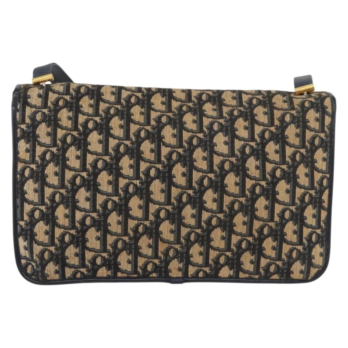 Christian Dior Trotter Canvas Shoulder Bag Navy Gold Auth 176478