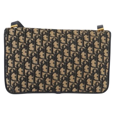 Christian Dior Trotter Canvas Shoulder Bag Navy Gold Auth 176478