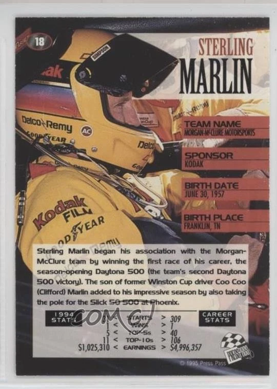 1995 Press Pass Sterling Marlin #18 - Image 2 of 2