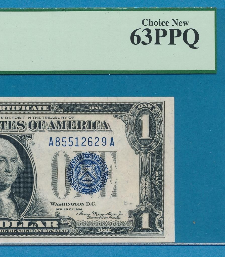 $1.00 1934 FUNNY BACK  BLUE SEAL SILVER CERTIFICATE PCGS CHOICE NEW 63PPQ