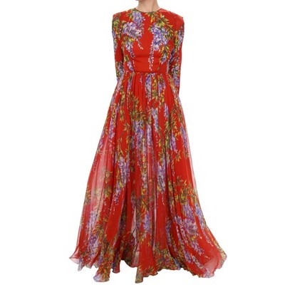 DOLCE & GABBANA RUNWAY Wisteria Flower Maxi Train Silk Dress Red 40 US 4 S XS