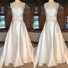 Satin Wedding Dresses Spaghetti Straps Embroidery Sweep Train A Line Bridal Gown