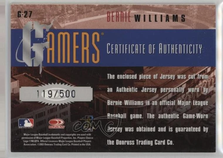 2003 Donruss Gamers /500 Bernie Williams #G-27 - Image 2 of 2