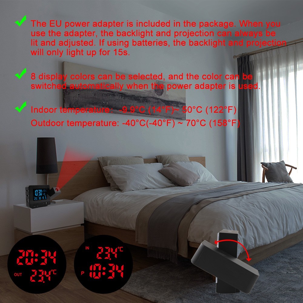 Projection Alarm Clock Weather Station Indoor Outdoor Thermometer Digital Displa