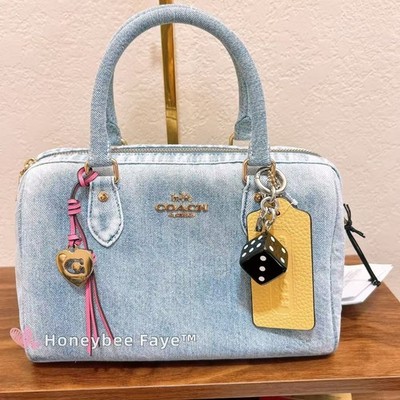 NWT Coach CDY74 Rowan Satchel Bag In Loved Denim With Charms Gold/Light Indigo