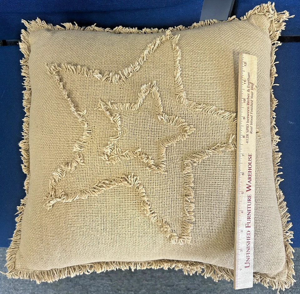 PAIR THROW PILLOWS RUSTIC BURLAP PLAID STARS - Image 2 of 4