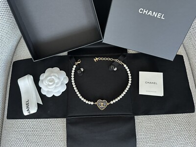 NIB 100%AUTH Chanel 24P Denim Blue Heart CC Logo & Faux Pearl