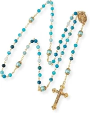 Matte Blue Stone Beads Rosary Antique Gold Necklace Miraculous Medal & Cross