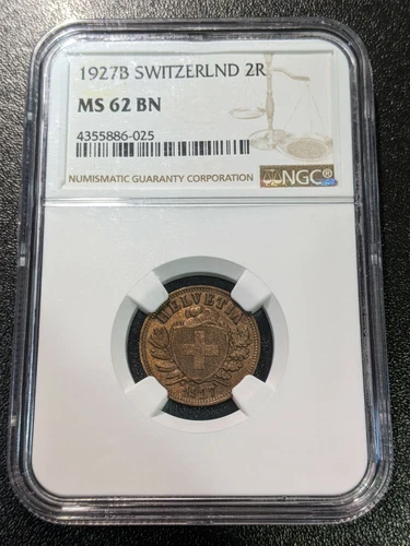 1927 MS62 BN Switzerland 2 Rappen NGC UNC KM 4.2 Tougher Date 500k Minted