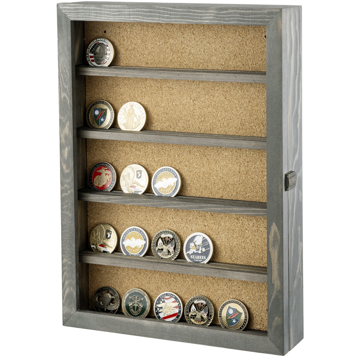 Wall Mounted Gray Wood Coin Display Case w/ Clear Panel, Hanging