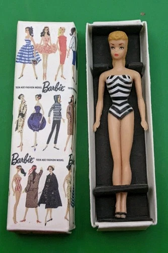 Miniature Mini Blonde Barbie Doll Striped Bathing Suit 1959 With Box Replica