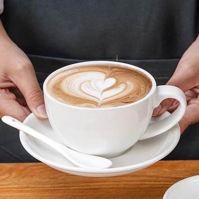 DeeCoo 11 oz White Cappuccino Mug- Large Ceramic Coffee Cup with Saucer - Mic...