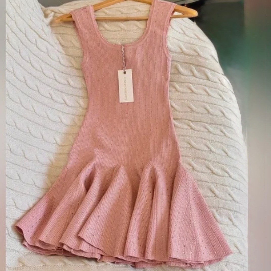 LoveShackFancy Maryanne Crystal Knit Mini Dress In PINK CHAMPAGNE Size:US M