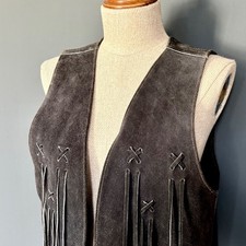 Vintage 1970s Black Suede Fringe Western Vest  Sz 40  Boho Hippie Leather