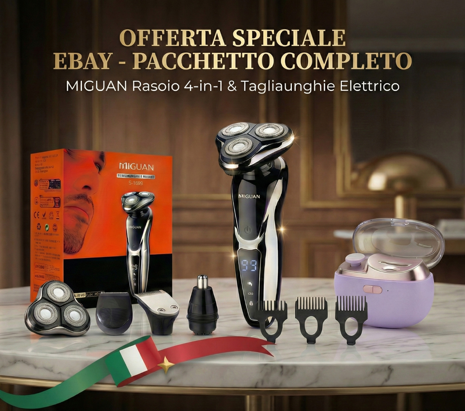 MIGUAN Rasoio 4 in 1 3D + Tagliaunghie Elettrico Automatico USB Kit Regalo Uomo